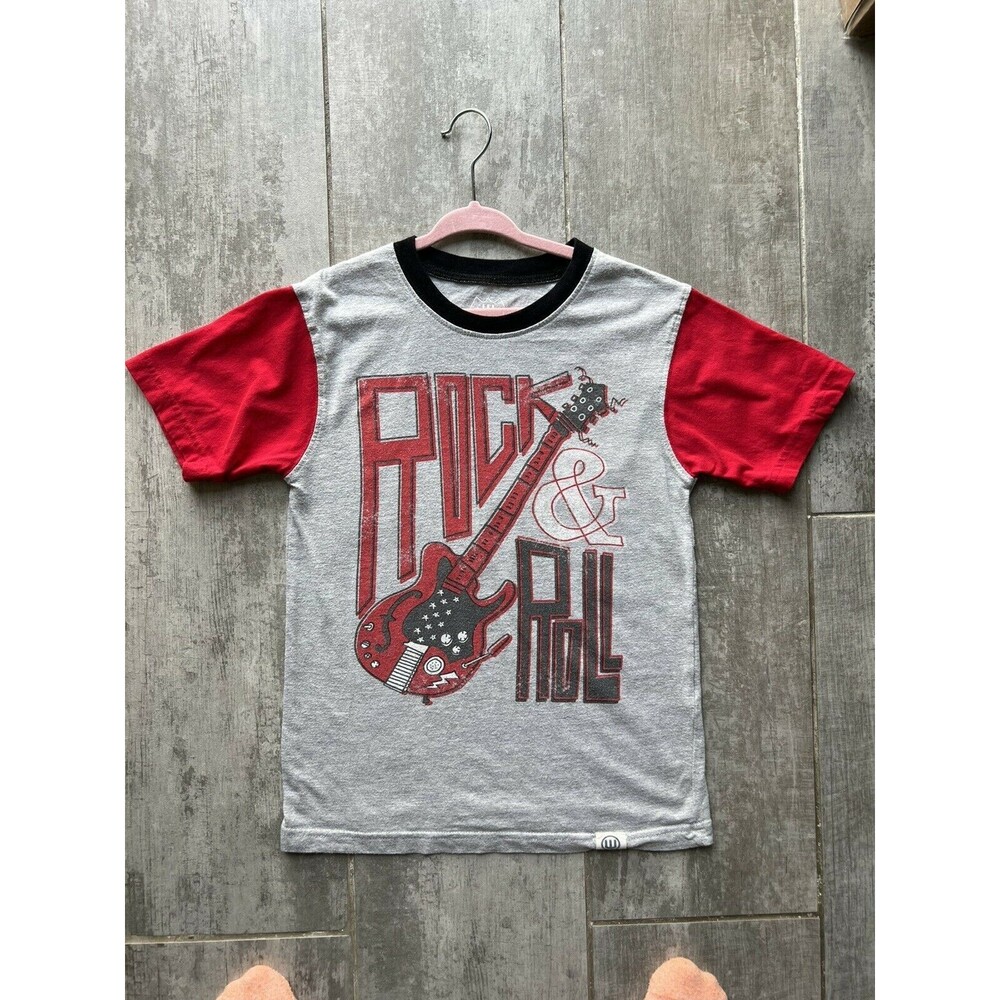 WES AND WILLY Boys Youth Gray Red Rock & Roll Tee Graphic T-Shirt Vintage 7
